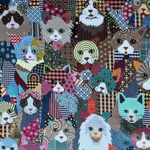 Cool cats all over print quilting cotton fabric by Half yard or Fat quarter, Cat lover fabric