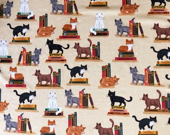 Black orange white cute small cats in the book store quilting cotton fabric 1/2 yard or fat quarter, Cat lover fabric, Cat friends fabric
