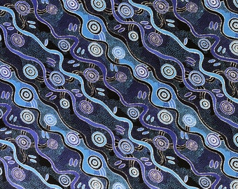 Aboriginal art desert tracks abstract blue quilting cotton fabric by 1/2 yard, Fat quarter fabric, Australian indigenous art