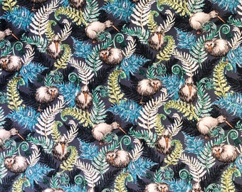 New Zealand Kiwi Bird in the Bush Cotton Fabric, Native Flora and Ferns Quilting Print
