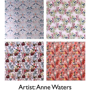 Pode incluir: Quatro amostras de tecido com padr&otilde;es repetidos de p&aacute;ssaros, coalas e desenhos florais. As paletas de cores incluem rosas, azuis e vermelhos suaves. O texto "Artist: Anne Waters" est&aacute; na parte inferior.