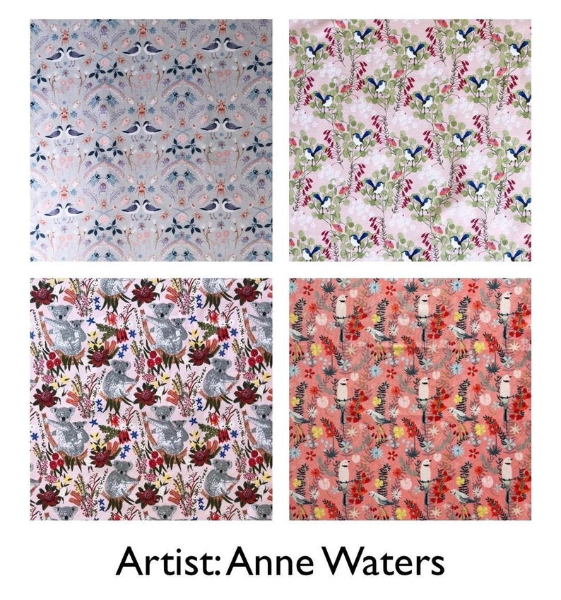Pode incluir: Quatro amostras de tecido com padr&otilde;es repetidos de p&aacute;ssaros, coalas e desenhos florais. As paletas de cores incluem rosas, azuis e vermelhos suaves. O texto "Artist: Anne Waters" est&aacute; na parte inferior.