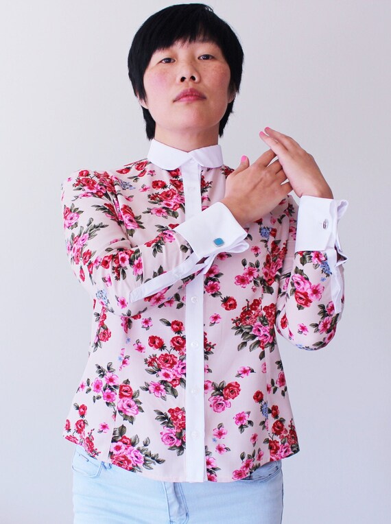 White French Cuff Floral Shirt Women 
