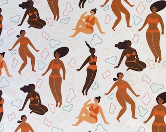 Women bodies pose in bikini by Marta Antelo light beige quilting cotton fabric by 1/2 yard or Fat quarter, women self love cotton fabric