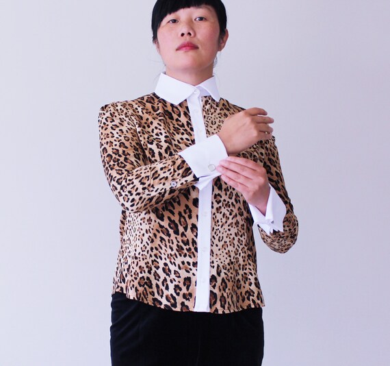 Women Leopard French Cuff White Shirt 