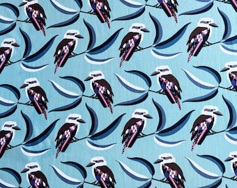 Kookaburra Fabric by the Yard, Australian Bird Eucalyptus Cotton Fabric, Aussie Animal Quilt Material, Blue Botanical Nursery Fabric