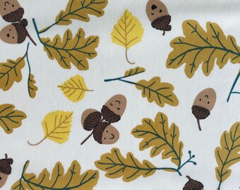 Happy Acorn Cotton Fabric by the Yard, Autumn Leaf Botanical Print, Cream Oak Tree Quilting Material, Cute Nursery Fabric, Fat Quarter