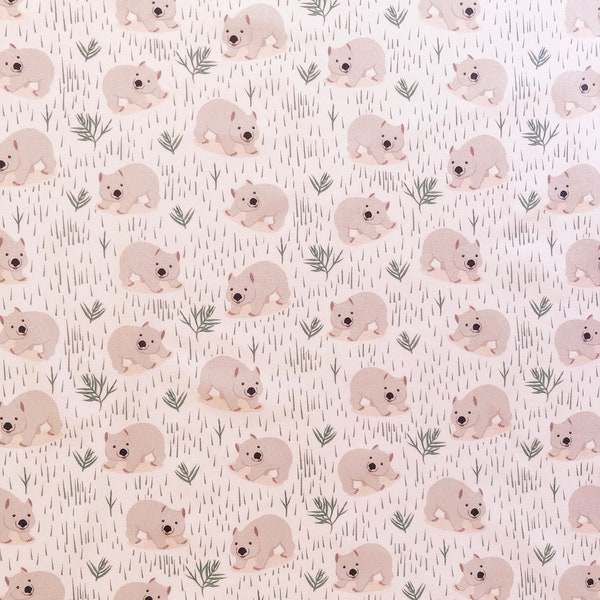 Aussie nursery wombats in the grassland light apricot quilting cotton fabric by 1/4, 1/2 yard or Fat quarter, Wombat & gum leaves fabric