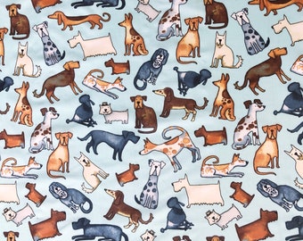 Dog friends illustration all over light blue quilting cotton fabric by 1/2 yard or Fat quarter, Dog lover fabric