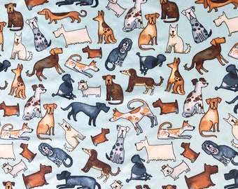 Dog Friends Cotton Fabric by the Yard, Light Blue 100% Cotton Quilting Material, Cute Cartoon Dog Breed Watercolor Print, Fat Quarter Yard