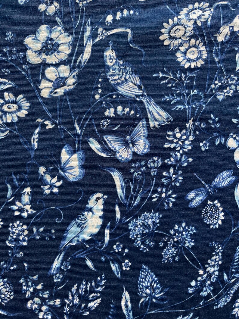 Rosella Bird, Butterfly and Flowers Moonlight Blue Quilting Cotton