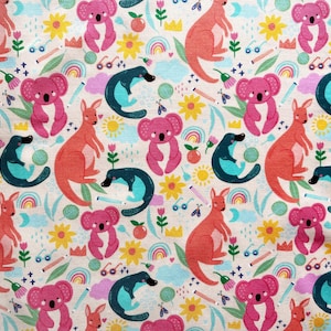 Australian Animals Floral Cotton Fabric: Koala, Kangaroo & Platypus Quilting Material