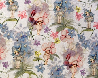 May Gibbs gumnut babies flower fairies watercolour floral quilting organic cotton fabric by 1/2 yard or Fat quarter, Australian fabric