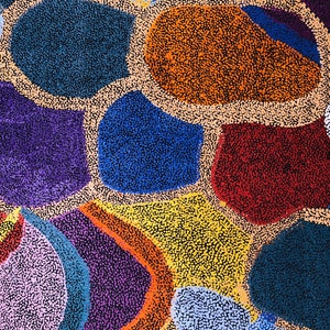 Aboriginal art Warlu emu dreaming abstract orange yellow quilting cotton fabric by Half yard or Fat quarter, Australian indigenous art