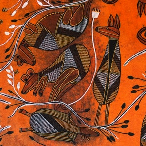 Aboriginal art Isaiah possums brown orange quilting cotton fabric by Half yard or Fat quarter, Australian native fabric