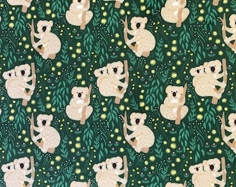 Mable Tan Koala Fabric by the Yard, Green Aussie Meadows Cotton, Mother and Baby Animal Quilting Material, Native Bush Wattle Craft Supply