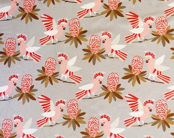 Major Mitchell's cockatoo bird & blooming banksia beige quilting cotton fabric by 1/2 yard or fat quarter, Australian bird fabric