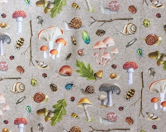 Snails mushrooms bugs nature trail beige quilting cotton fabric by 1/2 yard or Fat quarter, Mushroom family quilting cotton fabric