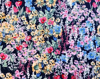 Navy Floral Cotton Fabric: Night Spring Garden Print, Quilting & Craft