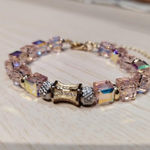 Pink Zircon Cube Bracelet for Women, Handmade Crystal Jewelry with Gold & Silver Accents, Elegant Sparkly Gift for Her, Modern Jewelry
