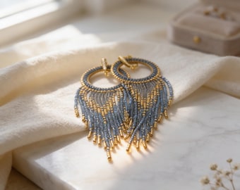 Handmade Miyuki Seed Bead Fringe Hoop Earrings – Blue & Gold Boho Jewelry