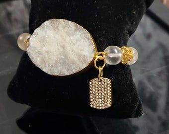Beaded Charm Bracelet | White Druzy Quartz Jewelry Gift for Women