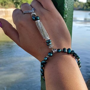 Boho Hand Chain Bracelet with Dark Teal Freshwater Pearls & Rhinestone Crystal Accents | Adjustable Finger Ring Slave Bracelet for Women