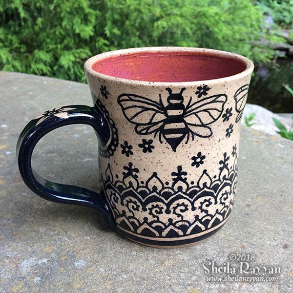 Bee Mug - stoneware ceramic handmade coffee cup flowers bumblebee henna design