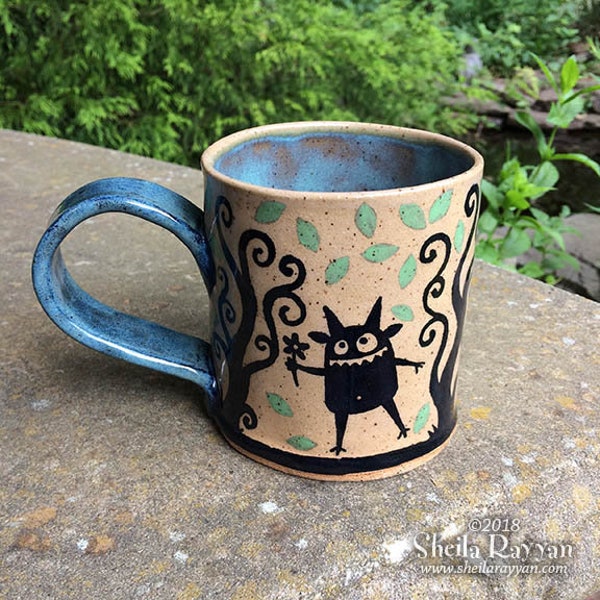 Monsters in the Forest Mug -  ceramic handmade coffee cup fantasy monster tree swirls