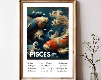 Pisces Poster, PRINTABLE Pisces Wall Art, Pisces Zodiac Print, Pisces Zodiac Star Sign Print, Zen Wall Decor, Koi Fish Print, Japanese Print