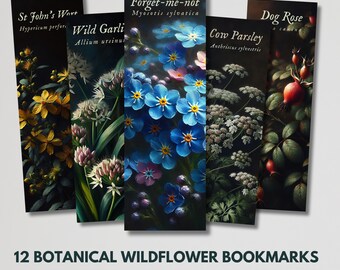 Botanical Wildflowers Printable Bookmarks, 12 Botanical Bookmark Sheets, PNG bookmarks, Botanical Digital Bookmarks, Gifts for nature lovers