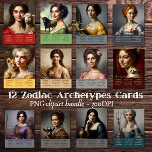 12 tarjetas del zodiaco PNG Paquete de tarjetas del zodiaco Descarga digital Tarjetas del oráculo del zodiaco Diseño del zodiaco Clipart PNG Arte para astrólogos de negocios