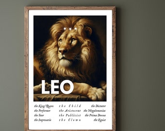 Leo Poster, Leo Wall Art, Leo Zodiac Print, Leo Zodiac Star Sign Print, Renaissance Wall Decor