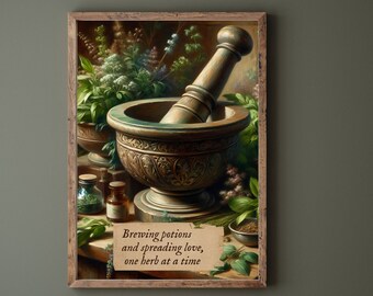 Mortar and Pestle Quote Wall Art, Renaissance Wall Decor, Cottagecore aesthetic, Witchy decor, Herbalist gift, PRINTABLE Digital Art