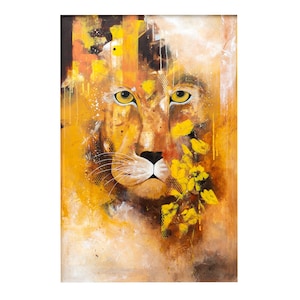 Sammy – Pintura original de león acrílico sobre tablero de fibra / 60 x 90 cm / Arte abstracto de la naturaleza con flores / Opción enmarcada / Firmada en 2024