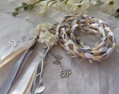 Ivory, silver, white hand fasting wedding cord with white leaves and hand stitched flowers silvertone charms infinity hearts