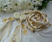 Gold, ivory and white lace hand fasting wedding cord with hand stitched flowers and gold trees and leaves woodland wedding binding cord