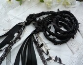 Black lace Handfasting wedding binding cord All Black with lace, chiffon, satin, leaves, hand stitched flowers silver charms samhain