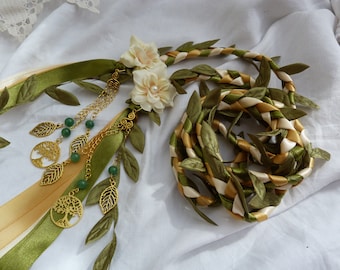 Jade crystal Hand fasting wedding cord- green, ivory and gold with leaves and flowers - golden tree of life - woodland style