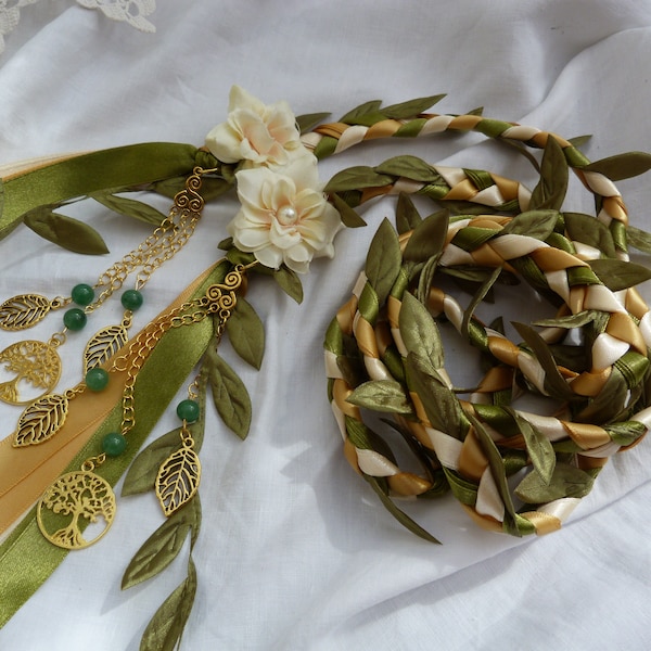 Jade crystal Hand fasting wedding cord- green, ivory and gold with leaves and flowers - golden tree of life - woodland style