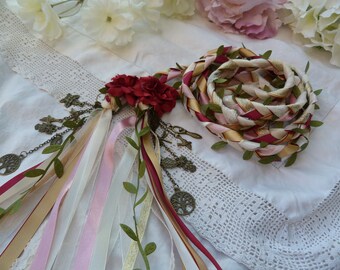 Woodland wedding - Hand fasting cord- burgundy green, ivory and gold, satin, lace, chiffon - with charms and hand stitched flowers