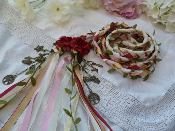 Woodland wedding - Hand fasting cord- burgundy green, ivory and gold, satin, lace, chiffon - with charms and hand stitched flowers