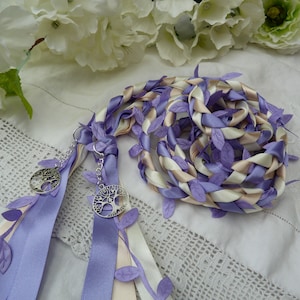 Lavender fields Leaf handfasting wedding binding cord - purple, cream, ivory - with purple leaves and heart tree of life charms - woodland