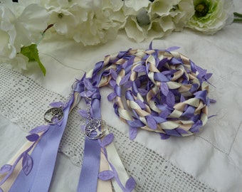 Lavender fields Leaf handfasting wedding binding cord - purple, cream, ivory - with purple leaves and heart tree of life charms - woodland