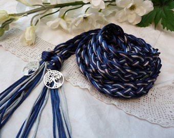 Celtic 12 strand wide weave satin silky cord - Navy and silver  hand fasting wedding - with tree of life charms