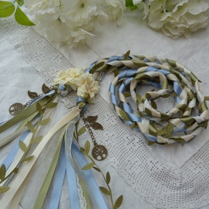 Cornflower Blue , sage and ivory lace hand fasting wedding cord with hand stitched flowers and bronze trees and leaves