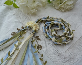 Cornflower Blue , sage and ivory lace hand fasting wedding cord with hand stitched flowers and bronze trees and leaves