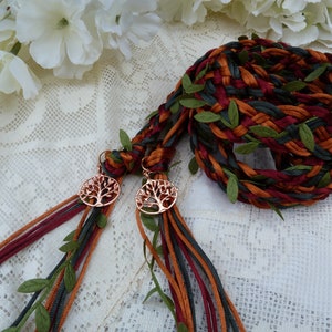 Woodland Celtic 12 strand wide weave satin silky cord with green leaves - hand fasting wedding - copper burgundy forest