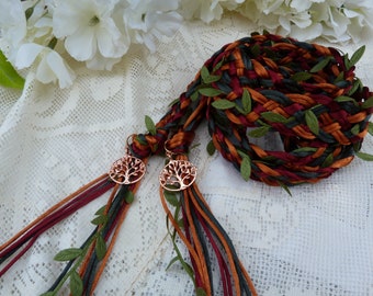 Woodland Celtic 12 strand wide weave satin silky cord with green leaves - hand fasting wedding - copper burgundy forest