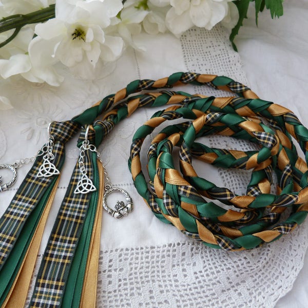 Irish national tartan - The original - Handfasting cord- Tartan, green and gold with silver tone diamante Claddagh, trinity knot